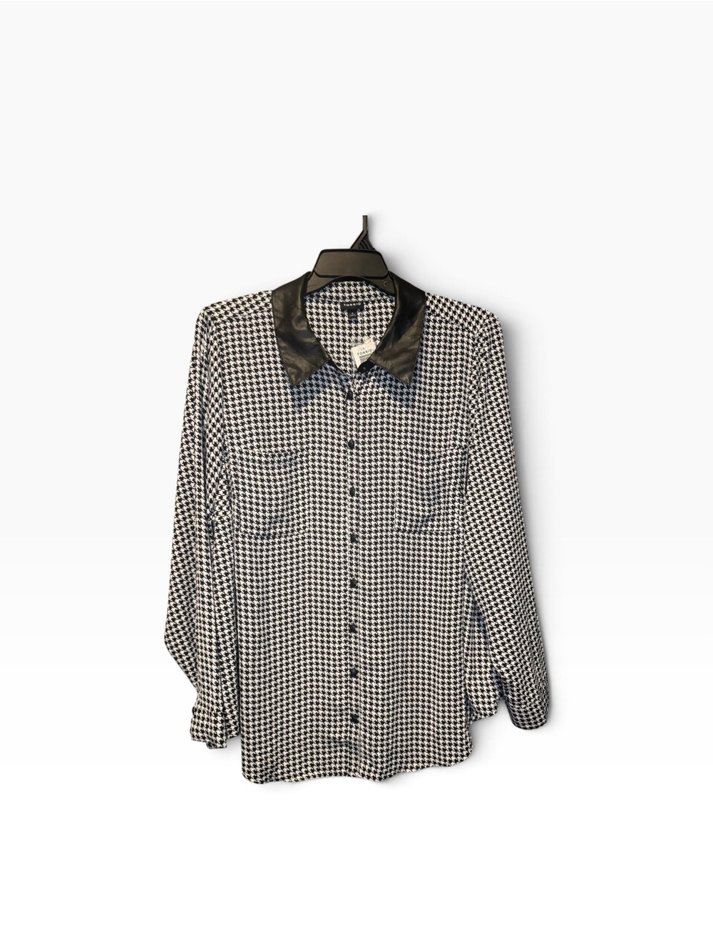 torrid Black and White Houndstooth Button-Up Blouse with Faux Leather Collar